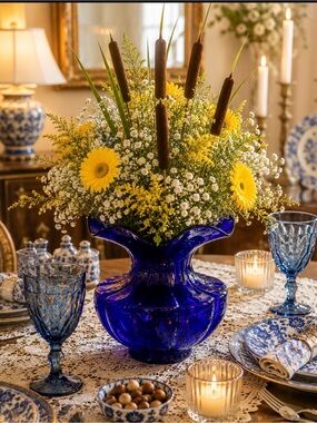 Vintage Cobalt Blue Art Glass Vase, Scalloped Ruffled Edge
